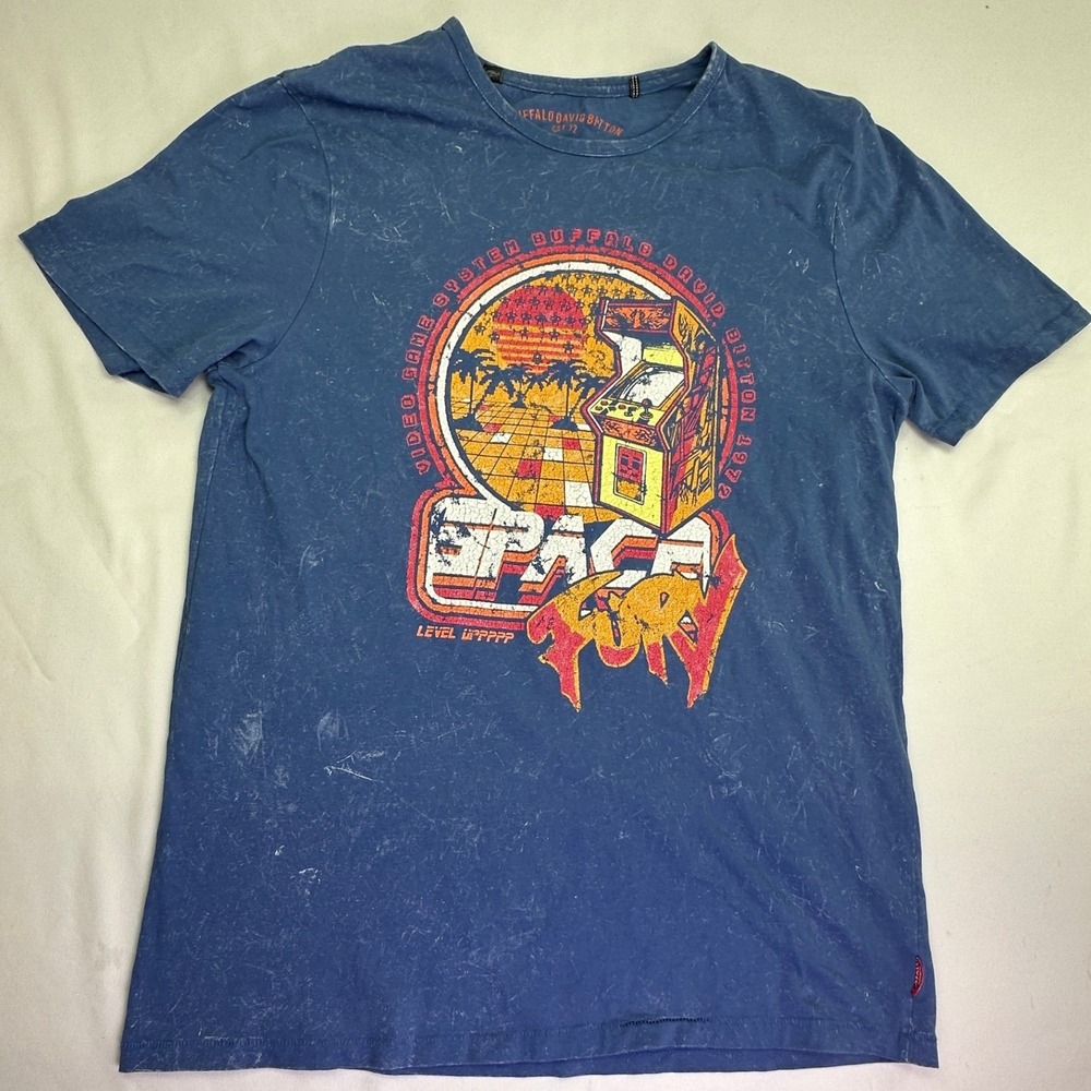 Buffalo David Bitton T-Shirt Blue‎ Space Fury Arcade Graphic Acid Wash Retro Tee
